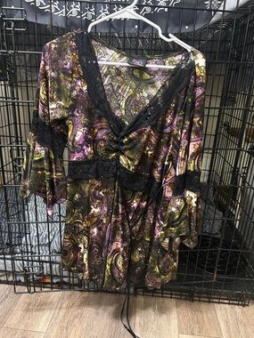 Boho Lace-Trim Paisley Tunic Blouse - Black, Purple & Olive